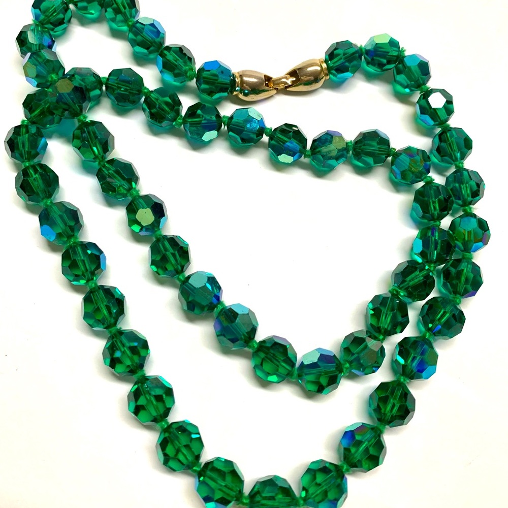 Vintage Faceted Crystal Ab Coated Long Necklace EMERALD GREEN Hand Knotted 60's